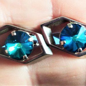 Vintage Men Classic Silver Blue Rhinestone CUFFLINKS